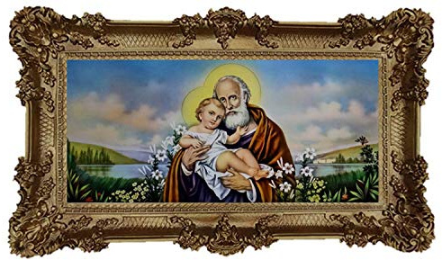 Heiligen Bild San Giuseppe mit Jesus Votivbilder Sakralmalereien Ikonen Bild 96x57cm Repro Barock Antik Look gerahmtes Gemälde (Gold) 75B