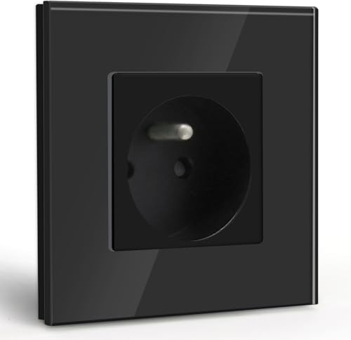 BSEED Prise Murale,Standard Français 16A Single Prise de Courant Alternatif avec Panneau en Verre Cristal (1 Prise, Noir)