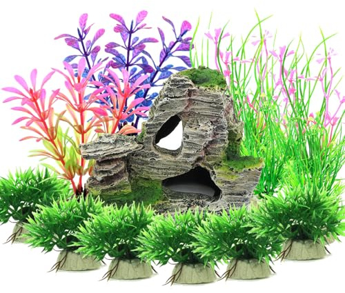 Vibury Acquario Decorazione Piante, 13 Pezzi Dimensioni Piante d'Acquario Plastica Decorazione e Roccia Poliresina Grotta Ornamento Decoration