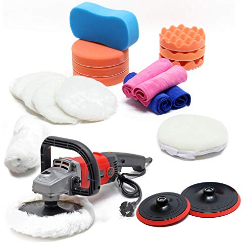 Wiltec Poliermaschine Set aus 21 Teilen 1200W bis 3000 U/min, Schleifgerät mit 6 Stufen inkl. vieler Aufsätze, Tellerschleifer, Rotationsschleifer