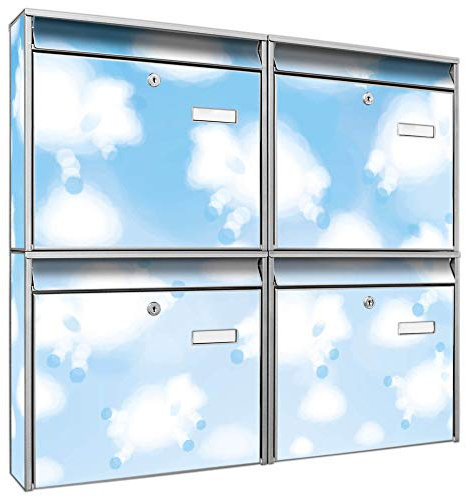 banjado Briefkastenanlage 4 Fach - Postkästen groß - verzinkter Stahl Silber DIN A4 Motiv Schäfchenwolken - Briefkasten Set 4 Briefkästen Namensschild, 2 Schlüssel, Montagematerial
