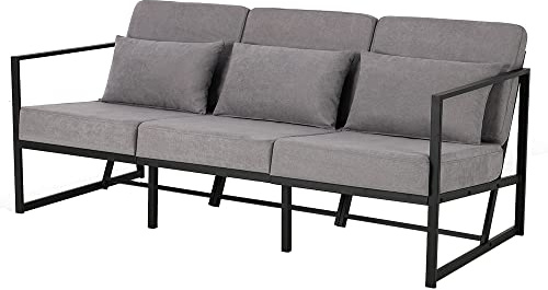Mingone Sofa 3 Sitzer Couch Metall Sessel Gepolstert Leinen, Taupe, 170cm | Retro mit Armlehnen, Für Wohnzimmer Empfang Café, Industrie-Design
