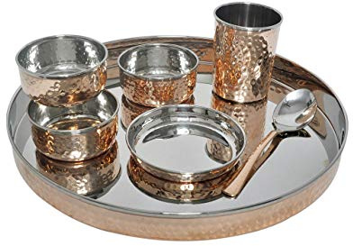 TreegoArt Copper Steel Copper Dinner Thali, Bowls, Halwa Plate, Spoon, Fork, Glass Traditional Style 7 Piece Dinner Set | Thali Diameter 13 Inch