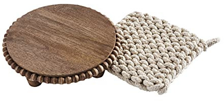 Mud Pie Dessous de Plat et Pot en Crochet Marron, Dessous de Plat Bois, Sous Plat de Table, Repose Plat, 20,3 cm de diamètre | Support 17,8 x 17,8 cm