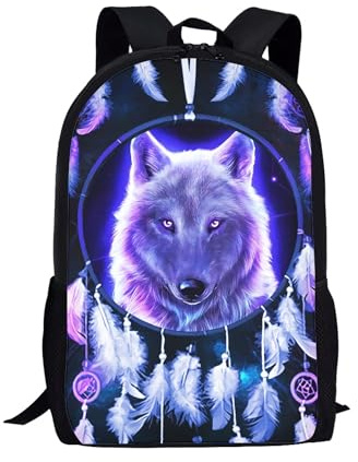 Binienty Schulrucksack für Kinder, Jungen, Mädchen, Teenager, leicht, für Bücher, Laptop, lässiger Tagesrucksack, Wolf Traumfänger, Einheitsgröße