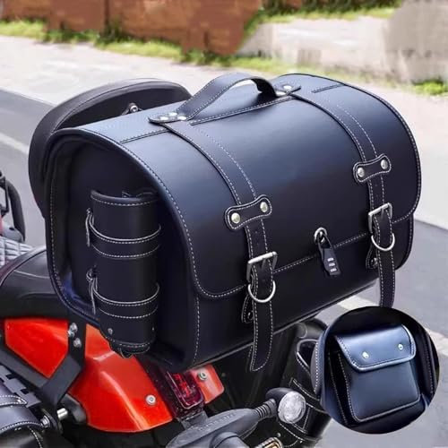 ELNas 33L Motorrad Hecktasche für Benelli TRK 800 2023-, wasserdichte Leder Gepäcktasche mit Zahlenschloss Retro Motorrad Topcase, Zubehör Reisen,A Black