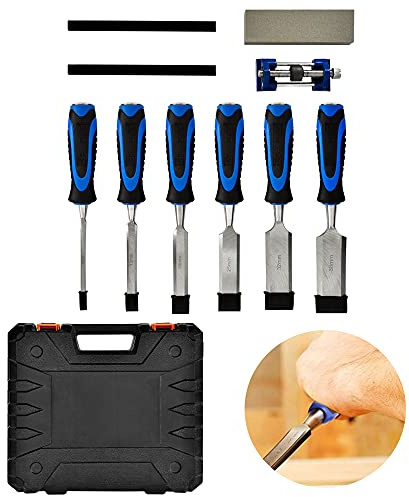 Wood Chisel Set for Woodworking, 6pcs Wood Chisel with 1 Honing Guide, 1 Sharpening Stone, 2 Carpenter Pencils and Storage Case, Soft Grip Wood CarvingTools Set