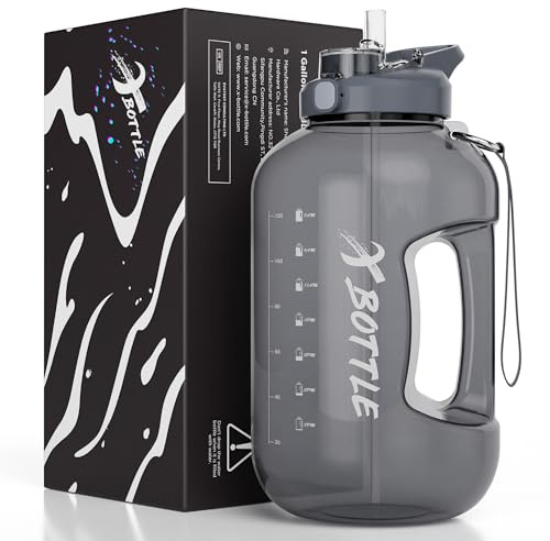 3.78L Large Water Bottle - Motivational 1 Gallon Jug with Time Markings, Straw+Flap Double Drinking Port, Reusable BPA Free,Dishwasher Safe, Sturdy Handle Easy to Carry for Gym,Sports,Office,Home