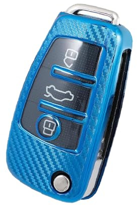 HIBEYO Autoschlüssel Hülle passt für Audi Schutzhülle Schlüsselhülle Cover TPU für Audi A1 A3 A4 A6 Q3 Q5 Q7 S3 R8 TT Schlüsselbox Schlüsselanhänger Fernbedienung Klapp 3 Tasten(Blau-Kohlefaser)