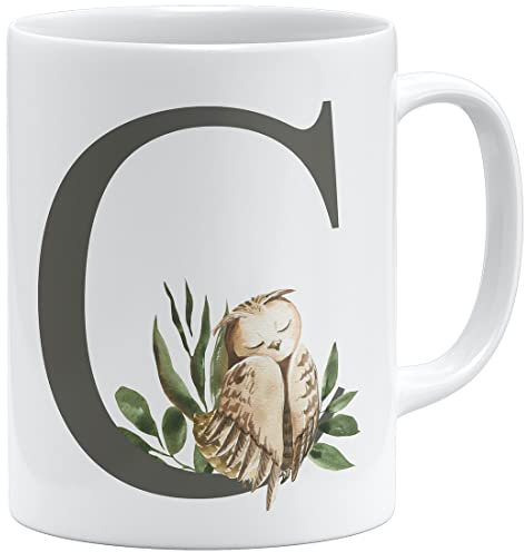 OM3® Buchstabe C | Flower Watercolor | Alphabet Buchstaben Tasse | Keramik Becher | 11oz 325ml | Beidseitig Bedruckt | Weiss