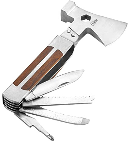 NEO TOOLS Multitool 11 in 1 Edelstahl, Multifunktionswerkzeug, Holzgriff | Schraubenschlüssel, Hammer, Axt, Messer, Säge, Schaber, Flachschraubendreher, Feile, Maßband, PH-Schraubendreher, Dosenöffner