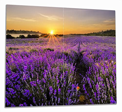 Wallario Herdabdeckplatte/Spritzschutz aus Glas, 2-teilig, 60x52cm, für Ceran- und Induktionsherde, Sonnenuntergang über dem Lavendel
