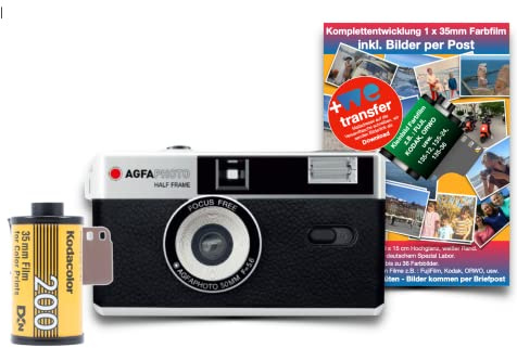 AgfaPhoto - Fotocamera analogica da 35 mm, formato 1/2, colore nero, in set con pellicola negativa a colori + batteria + negativo + sviluppo di immagini per posta