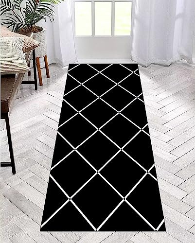 Läufer Teppich Lang Flur rutschfest Waschbar 50X250CM Küche Korridor TeppichLäufer für Flur Schwarz Weiß Schlafzimmer Wohnzimmer Polyester Teppichmatte Dauerhaft, Anpassbar Küchenteppich Meterware