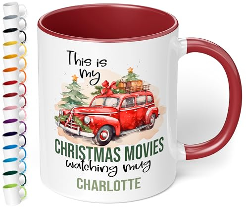 True Statements Weihnachtstasse mit Namen personalisiert „Christmas movies watching mug“ - 330ml Keramik Kaffeebecher mit Spruch – kleines Geschenk zu Weihnachten (Bordeaux)