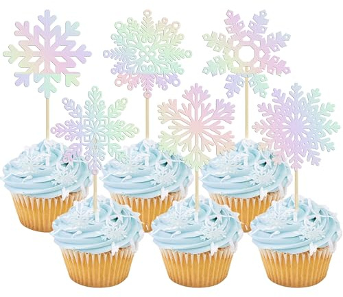 Gyufise 36Pcs Snowflake Cupcake Toppers Glitter Winter Frozen Cake Toppers Baby Shower Cake Decorations for Snowflake Christmas Kids Birthday Party Supplies Laser Silver