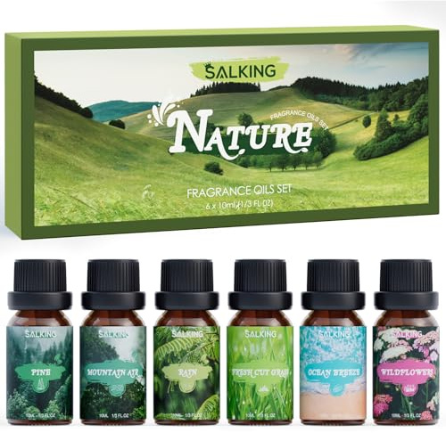 SALKING Oli Essenziali Natura per Diffusori 6x10ml, Set di Olio Essenziale Puri per Aromaterapia e Massaggi - Pino, brezza oceanica, pioggia, erba appena tagliata, fiori di campo, aria di montagna
