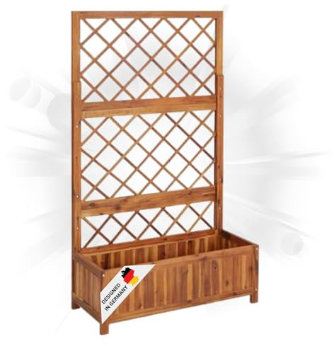 DELUKE® Pflanzkasten mit Spalier WELA | Akazienholz massiv, 150x85x38cm | Spalier mit Blumenkasten Hochbeet mit Rankgitter Rankkasten Gartenspalier Rankhilfe mit Blumenkübel