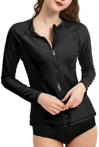 LilyCat Camiseta de protección Solar UV para Mujer, UPF 50+, Manga Larga, Cremallera Frontal, protección Solar UV, Traje de baño para Mujer, Negro -, Large