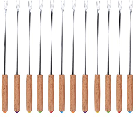 Grillgabel aus rostfreiem Edelstahl, 12 teiliges Edelstahl Barbecue Gabel Spieß Set mit Holzgriff, Tragbar Stockbrot Stöcke Roasting Sticks Schaschlikspieße für BBQ, Camping Grill
