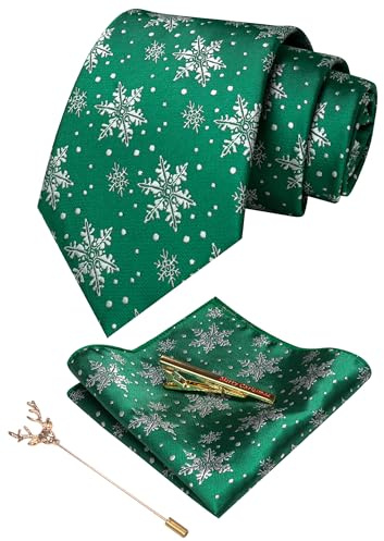 JEMYGINS Corbata de Navidad para Hombre con Diseño Woven y Pañuelo de Bolsillo - Set de Corbata para Fiestas Copo de nieve verde