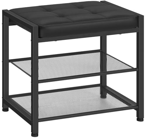 HOOBRO Schuhbank mit Sitzfläche aus PU, Sitzbank, Schuhregal mit gepolsterter Sitzbank, Schuhregal mit 2 Ablagen aus Metallgitter, Aufbewahrungsmöbel für Eingangsbereich, Schwarz EBB33HX01