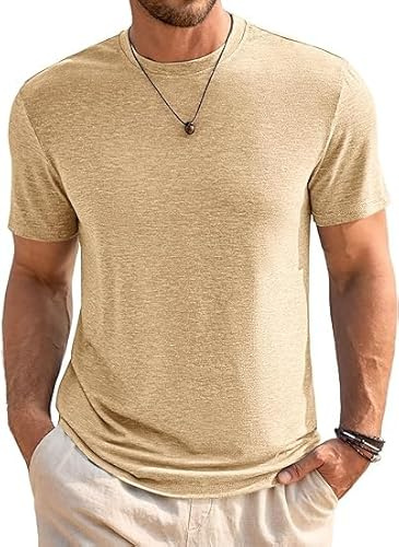Runcati Men's T-Shirt Crew Neck Short Sleeve Summer Tops Regular Fit Sport Fitness Functional Shirt Plain Basic Undershirt Business Shirts, Light Khaki, XL