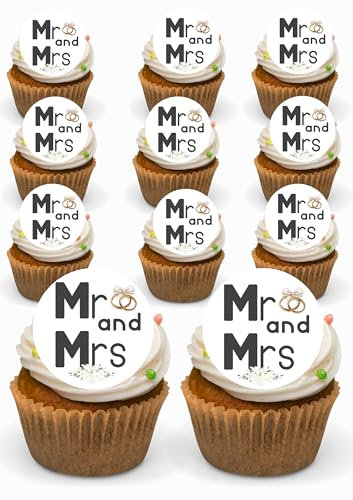 Mr and Mrs Edible Cupcake Toppers Ready to Use Party Supplies Wedding day Fairy Cake Decorations Cocktail Party 24 Pre-cut Toppers