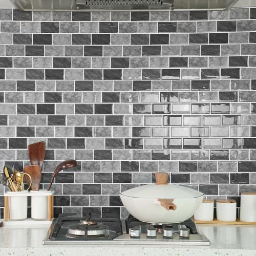 indabyo 10 Sheets Marble Effect Tile Stickers Stick on Tiles Backsplash | Kitchen Bathroom Wall Self Adhesive Vinyl Waterproof Peel and Stick Tile Covers Decals (Grey)