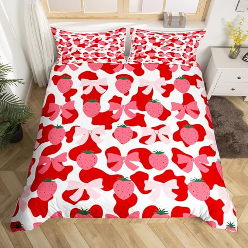 Homewish Juego de funda de edredón con lazo rosa, tamaño Super King, estampado de vaca lechera roja y blanca para niños, niñas y adolescentes, funda de edredón de fresa kawaii, juego de cama con lazos