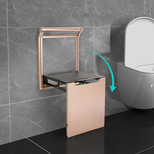 Klappbarer Duschsitz Für Wandmontierter Dusch-Klappsitz für Erwachsene, Schwangere, Kinder, ältere Menschen Duschbadestuhl, Max.Belastung 150 Kg (Gold, 32.2cm)