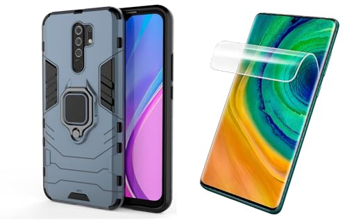 Max Power Digital [Pack] Funda y 2 Protectores Hidrogel para Xiaomi Redmi 9 Carcasa Magnética Anillo Imán Antigolpes con 2 Piezas Protectores Pantalla Gel Alta Definición (Azul Marino)