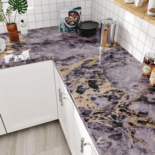 HotDecor Glänzende Möbelfolie Marmor Tapete Lila Küchenfolie Selbstklebend Marmor Folie Arbeitsplatte Küche Lila Klebefolie Möbel Waschbare Küchentapeten Folie Küchenschränke Wand Tapeten 40cmx200cm