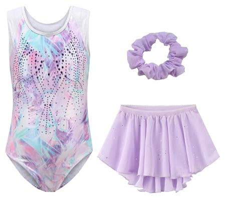 SEAUR Turnanzug Mädchen Gymnastikanzug Glitzer Gymnastik Trikot mit Rock und Haarband Kinder Ärmellos Leotard Set Mehrfarbig 5-12 Jahre