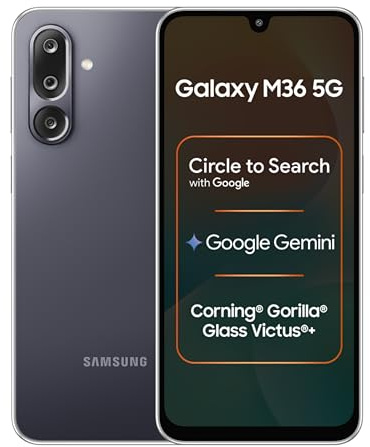 Samsung Galaxy M36 5G (Nero) | 6GB+128GB | 7,7mm Sottile | Gorilla Glass Victus+ | Cerchio per la Ricerca | Google Gemini | Fotocamera OIS AI 50MP | Nightography | Versione Indiana Sbloccato in Tutto