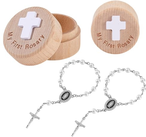 AHANDMAKER I miei primi braccialetti blu con scatola dei ricordi, regalo per battesimi, con braccialetti rotondi di perle azzurre, per baby shower (bianco)