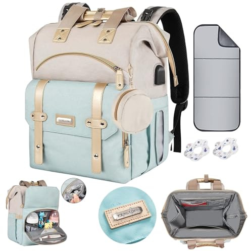 KENLUMO Sac à Dos à Langer, Sac à Langer bébé avec Matelas à Langer Portable, Sangles de Poussette et Porte-Sucette, Sac de Voyage multifonctionnel pour Maman ou Papa (bleu et blanc)