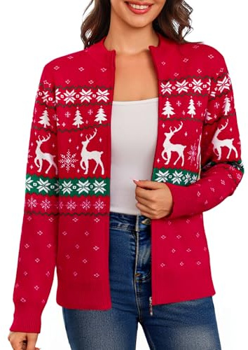 Aottori Maglione Natalizio Donna con Zip Cardigan Natalizi Cerniera Leggero Golfino a Maniche Lunghe Giacca in Maglia Elegante Pullover Aperta per Feste di Natale Rosso S