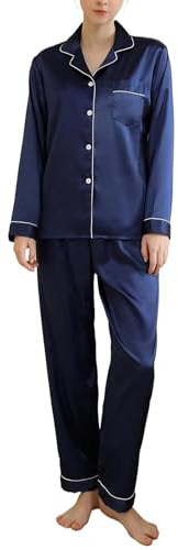 Heersan Pyjama Soie Femme Ensembles de Pyjama en Satin de Soie Manches Longues Vêtements d'Intérieur 2 Pièces avec Hauts Poches