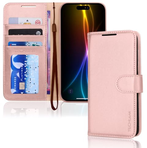 TECHGEAR iPhone 17 Leather Wallet Case with RFID Blocking, Flip Cover with Card & Cash Holder, Kickstand, Wrist Strap, Magnetic Closure - Pink PU Leather for iPhone 17 6.3