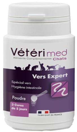 Desparasitante para Gatos Vétérimed, Higiene intestinal y Bienestar General, Fabricado en Francia, Polvo Natural