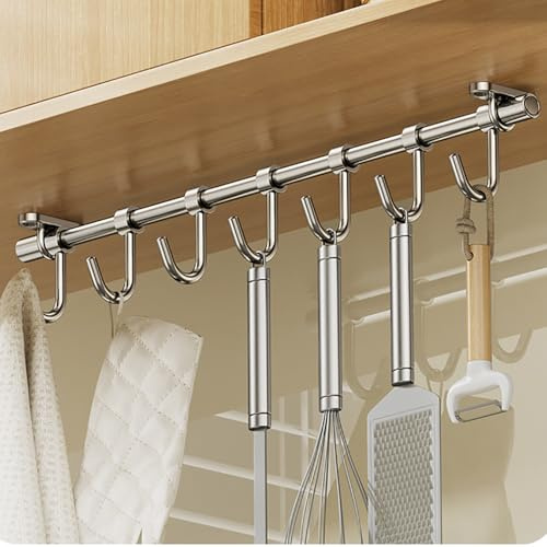 Melairy Brushed Hanging Utensil Rack with 6 Hooks Wall Mounted Hanging Rail Rack Stainless Steel Utensils Holder for Kitchen Utensil Bathroom Holder Tool (40CM)