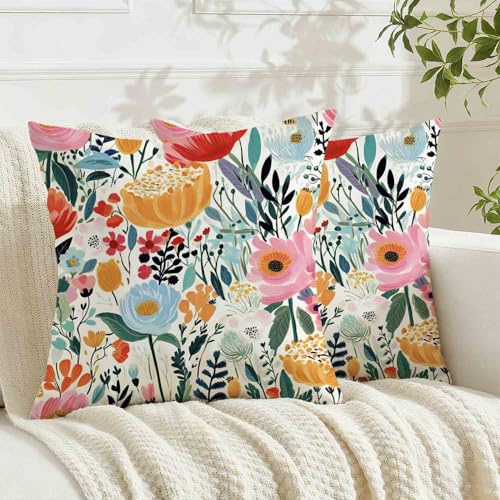 Avalune Kissenbezug Frühling 45x45 Blumen Blau Kissenbezüge Sommer Kopfkissen Outdoor Kissenhüllen Bunte Sofakissen Bezug Zierkissenbezüge Wohnzimmer Garten Sofa Couch Deko，2er Set