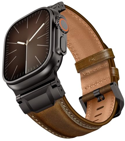Bracelet en cuir compatible avec Apple Watch Ultra 49 mm, 46 mm, 45 mm, 44 mm, connecteur en métal robuste pour bracelets Ultra 3 2 1, Series 11 10 9 8 7 6 5 4 SE3 SE