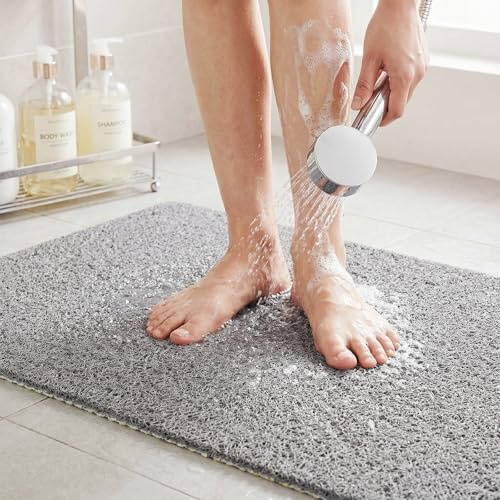 Tappeto Bagno Antiscivolo 50x80 cm con Drenaggio, Tappetino Doccia Antiscivolo Morbido, Tappetino da Bagno Antiscivolo Resistente alla Muffa ad Asciugatura Veloce e Lavabile Grigio