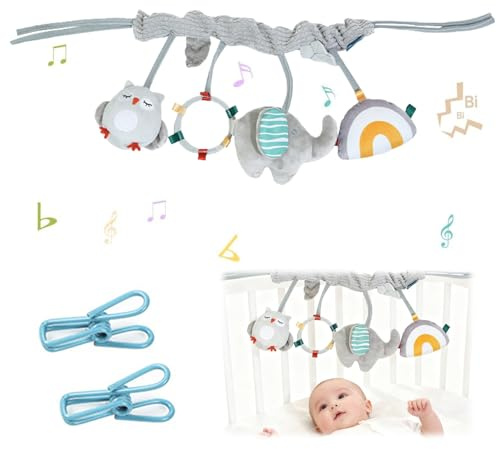 HORREX Babyvagnsleksak innehåller 2 multifunktionella klämmor, mobilkedja med söta hängande figurer, gör det möjligt att flexibelt hänga babyleksak för småbarn från 0 månader