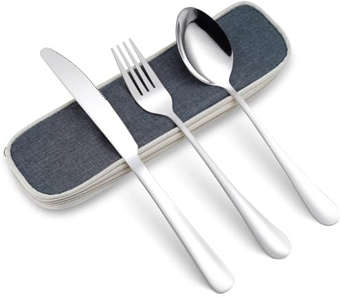 MYHOGOOD Camping Cutlery Set for 1,3-Piece Stainless Steel Portable Travel Utensils with Case,Reusable Knife Fork Spoon Flatware Set for Camping Travel Work School (Silver)