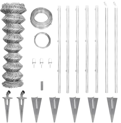 Nätstängselset, 15 x 0,8 m, galvaniserat stål, med stolpar, golvhylsor, spänntråd, perfekt för trädgård, gård, parkeringssystem, robust, hållbar