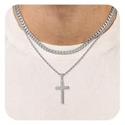 SEFORICO Mens Cross Necklace - 2pcs Christian Necklace for Men Birthday Gifts for Boys/Son Cuban Chain with Cross Pendant Baptism Gift Anniversary Presents for Boyfriend 42.5+45.5cm