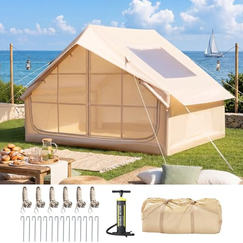 DSNAPE Aufblasbares Campingzelt mit Dachfenster, Glamping Zelt mit Luftpumpe für 2-4 Personen, wasserdichte Oxford-Stoff Outdoor Zelt, Schneller Aufbau Luftzelte